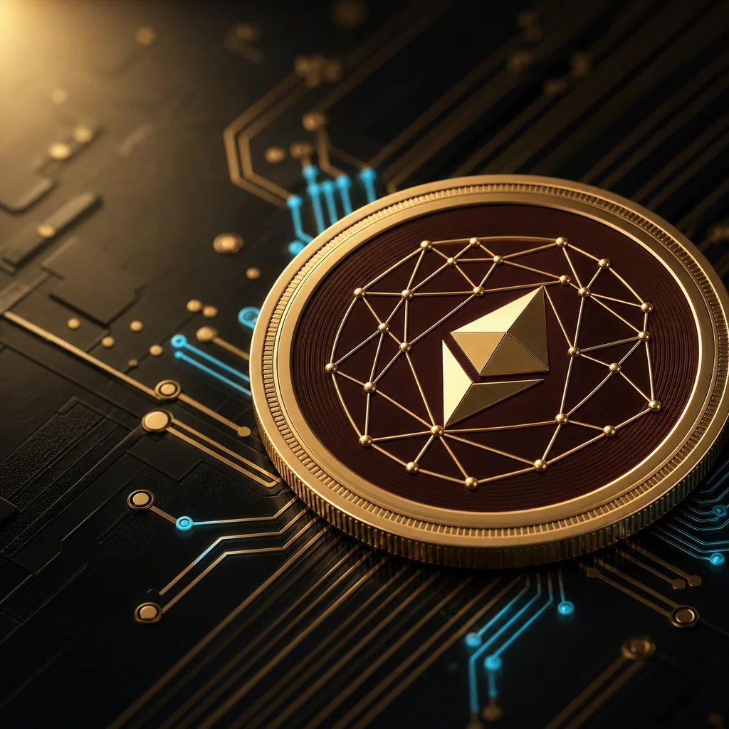 Glowing crypto coins arranged on geometric marble